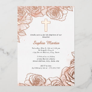 Invitation En Aluminium Baptême Fille Or Rose Fleur Rose