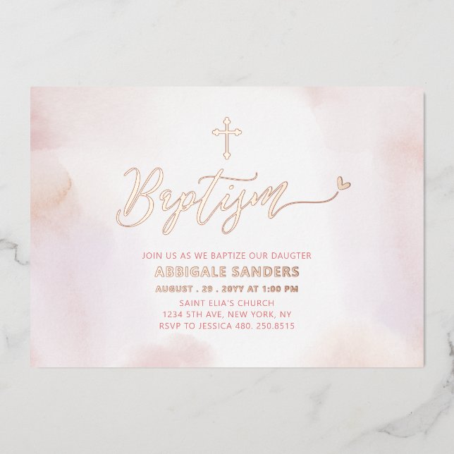 Invitation En Aluminium Baptême Fille Rose Gold & Pink Heart (Recto)