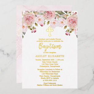 Invitation En Aluminium Baptême floral aquarelle rose poudré