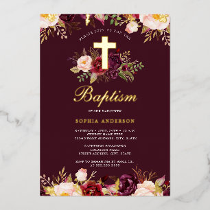 Invitation En Aluminium Baptême Floral Bourgogne Or