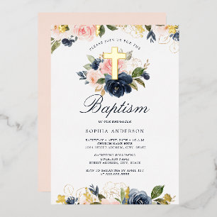 Invitation En Aluminium Baptême floral de la Marine d'or rose