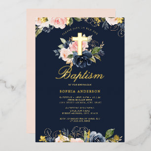 Invitation En Aluminium Baptême floral en or rose de la marine