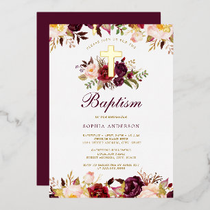 Invitation En Aluminium Baptême Floral Or Bourgogne