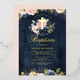 Invitation En Aluminium Baptême floral rose or Navy