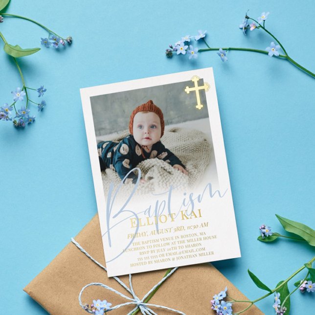 Invitation En Aluminium Baptême Gold Cross Pale Blue Script (Créateur téléchargé)