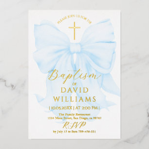 Invitation En Aluminium Baptême Gold et Blue Bow Boy Elegant Digital