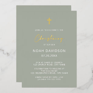 Invitation En Aluminium Baptême minimaliste gris vert et or