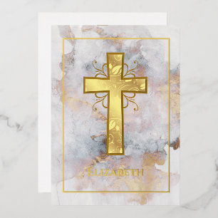 Invitation En Aluminium Baptême ou Christening Filigrane Marbre Doré