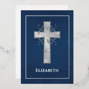 Invitation En Aluminium Baptême ou Christening Filigree Navy et Argent 
