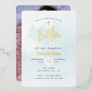 Invitation En Aluminium Baptême Photo Bébé Aquarelle Moderne Élégante