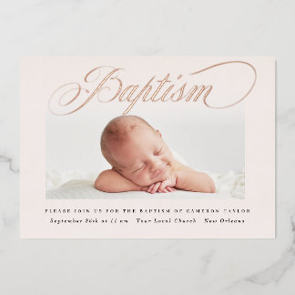 Invitation En Aluminium Baptême photo croix subtile pastel rose or