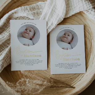 Invitation En Aluminium Baptême photo ronde - Or