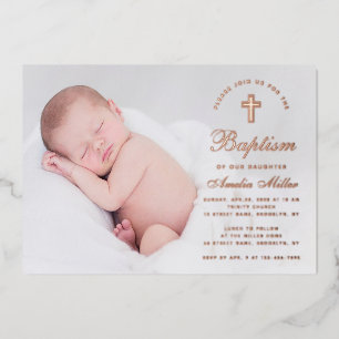 Invitation En Aluminium Baptême Photo Simple Calligraphie Rose Gold Script