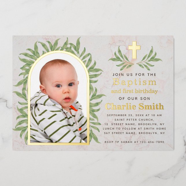 Invitation En Aluminium Baptême Premier anniversaire Photo Greenery Arch O (Recto)
