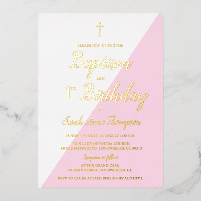 Invitation En Aluminium Baptême rose 1er anniversaire Croix métallique (Recto)