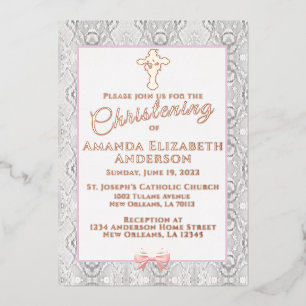 Invitation En Aluminium Baptême Rose Faux Lace / Christening