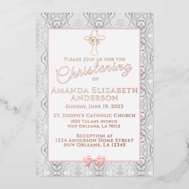 Invitation En Aluminium Baptême Rose Faux Lace / Christening (Recto)