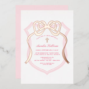 Invitation En Aluminium Baptême rose Gold Bow Pink Crest
