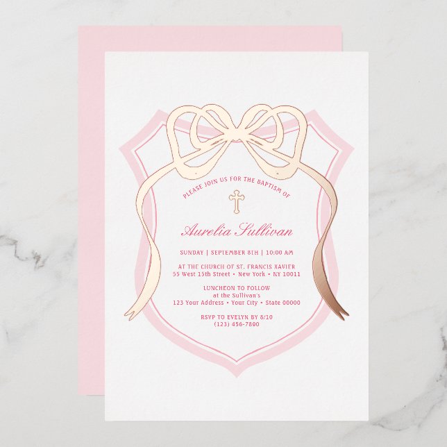 Invitation En Aluminium Baptême rose Gold Bow Pink Crest (Recto/Verso)