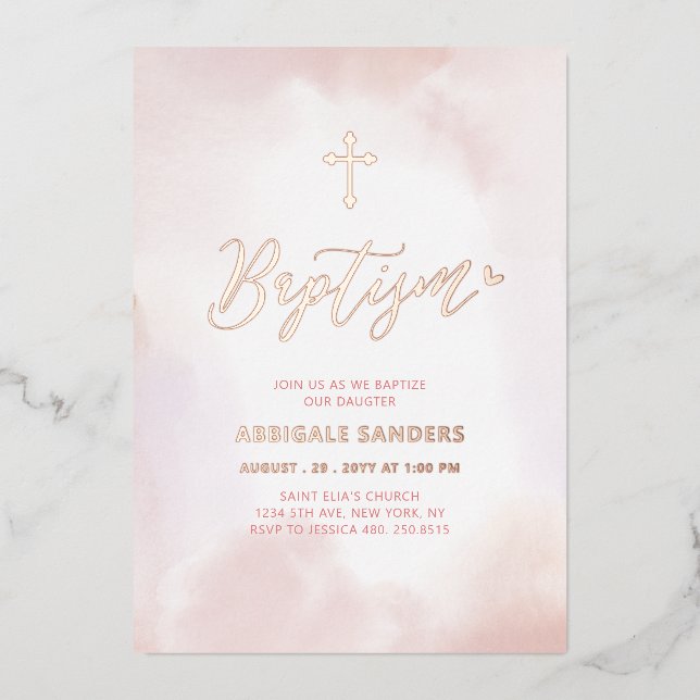 Invitation En Aluminium Baptême rose Gold & Pink Heart Girl (Recto)