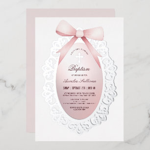 Invitation En Aluminium Baptême Ruban Rose Cadre Argenté
