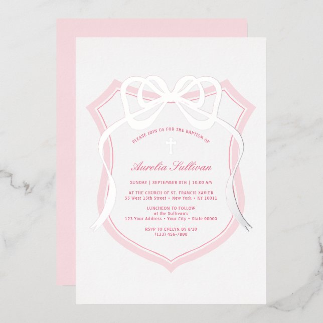 Invitation En Aluminium Baptême Silver Bow Pink Crest (Recto/Verso)