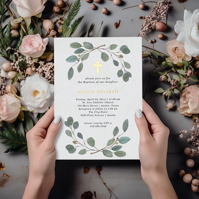 Invitation En Aluminium Baptême simple de verdure d'eucalyptus et de croix (Créateur téléchargé)