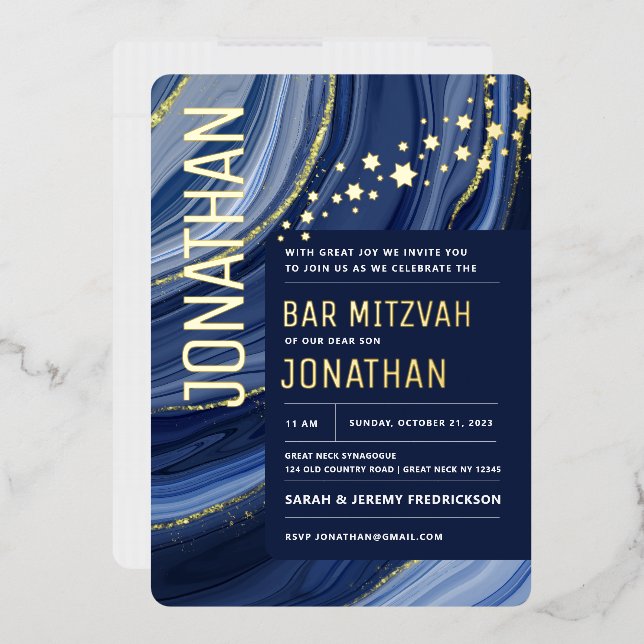 Invitation En Aluminium Bar Mitzvah Agate Marbre VÉRITABLE GOLD Foil Invit (Enveloppe)