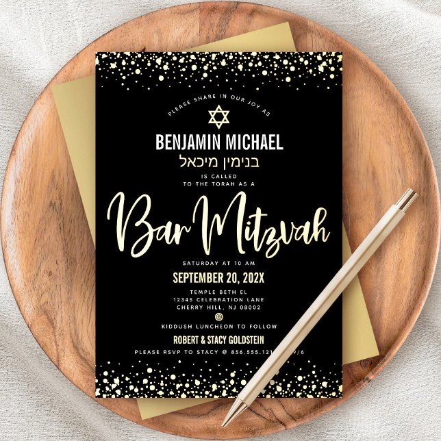 Invitation En Aluminium Bar Mitzvah Black Modern Script Stylish Real Gold (Créateur téléchargé)
