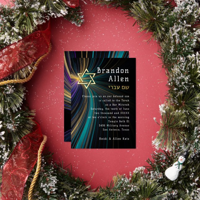 Invitation En Aluminium Bar Mitzvah Bleu et Rayons Dorés (Insitu)