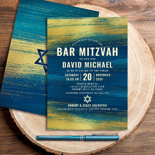 Invitation En Aluminium Bar Mitzvah Bold Type moderne Turquoise Real Gold