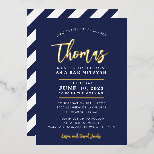 Invitation En Aluminium BAR MITZVAH calligraphie moderne élégante bleu mar