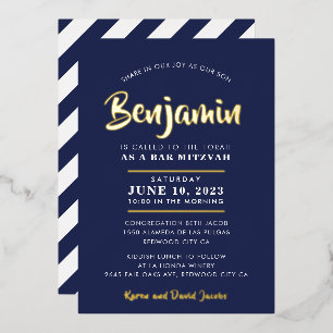 Invitation En Aluminium BAR MITZVAH calligraphie moderne élégante bleu mar