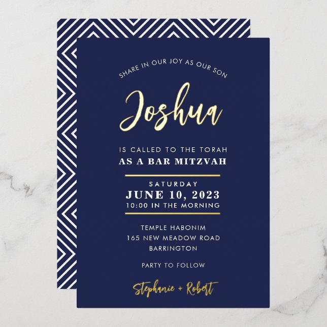 Invitation En Aluminium BAR MITZVAH calligraphie moderne marine or (Recto/Verso)