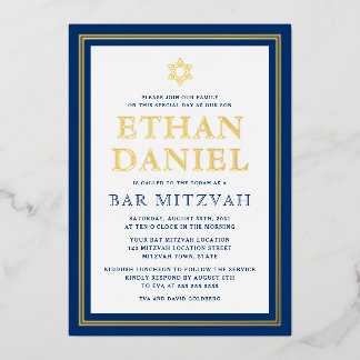 Invitation En Aluminium Bar mitzvah étoile de David à bordure dorée bleu m