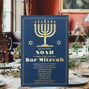 Invitation En Aluminium Bar Mitzvah Étoile de David en bleu marine et or