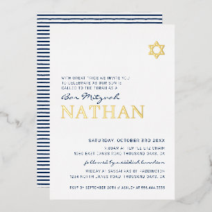 Invitation En Aluminium BAR MITZVAH étoile moderne bleu marine or Foil