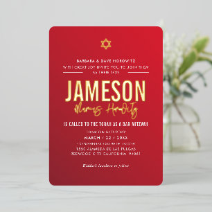 Invitation En Aluminium BAR MITZVAH étoile moderne rouge bordeaux dégradé