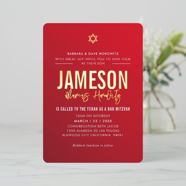 Invitation En Aluminium BAR MITZVAH étoile moderne rouge burgundy dégradé  (Debout devant)