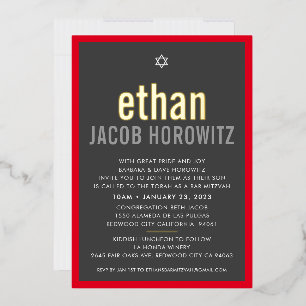 Invitation En Aluminium BAR MITZVAH étoile simple moderne nom gris rouge o