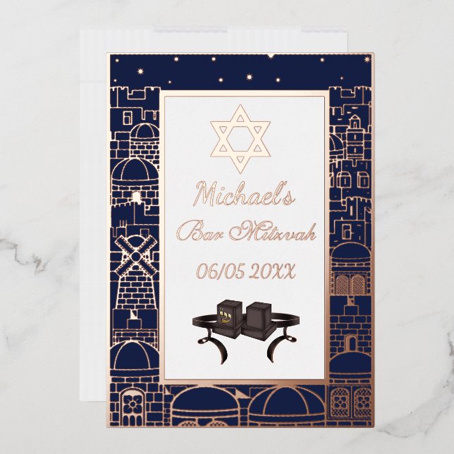 Invitation En Aluminium Bar Mitzvah Jérusalem Kotel Téfillin Or (Enveloppe)