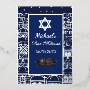 Invitation En Aluminium Bar Mitzvah Jérusalem Kotel Téfilline Argent Joyeu