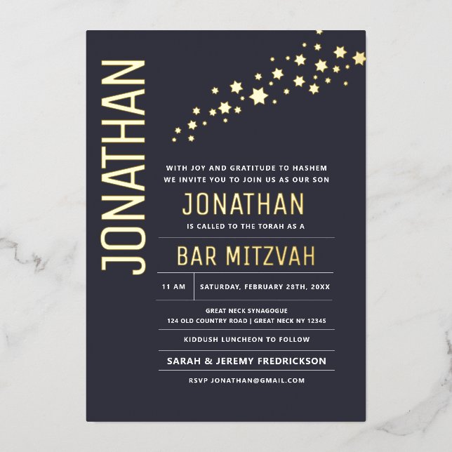 Invitation En Aluminium Bar Mitzvah Moderne Élégant VRAI Étoiles D'OR (Recto)