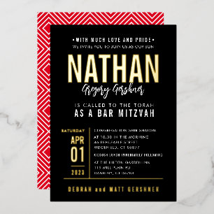 Invitation En Aluminium BAR MITZVAH moderne gras type bloc noir rouge or