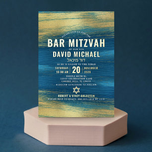 Invitation En Aluminium Bar Mitzvah Moderne Gras Typographie Turquoise Or 