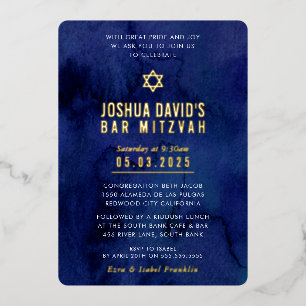 Invitation En Aluminium BAR MITZVAH moderne minima bleu foncé aquarelle