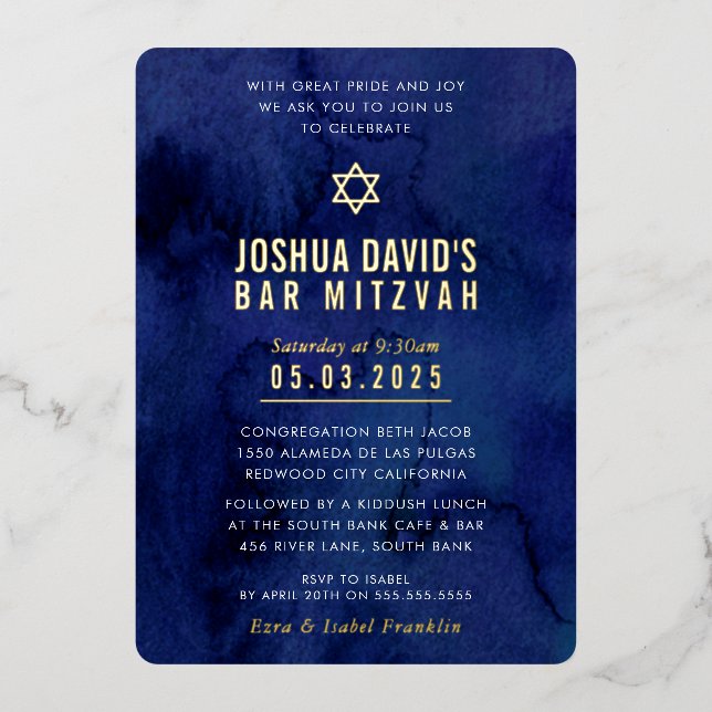 Invitation En Aluminium BAR MITZVAH moderne minima bleu foncé aquarelle (Recto)