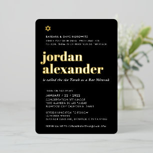 Invitation En Aluminium BAR MITZVAH moderne minimaliste tendance noir or