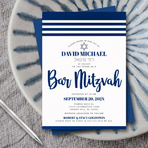 Invitation En Aluminium Bar Mitzvah Moderne Tallit Navy Script Real Silver