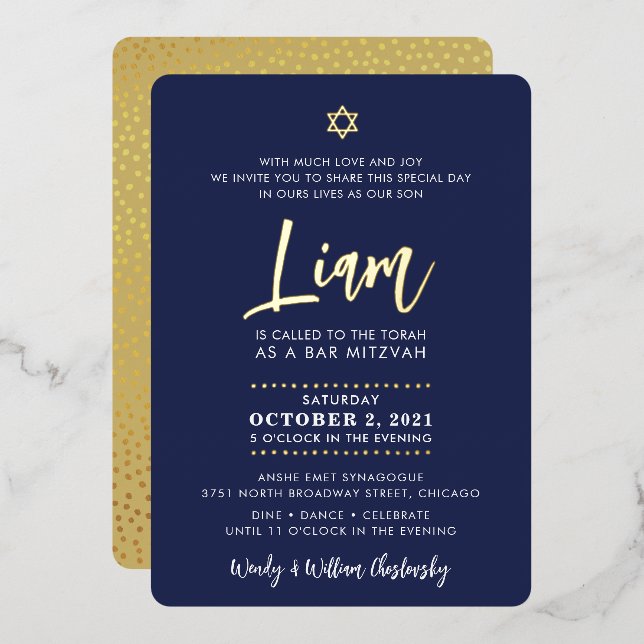 Invitation En Aluminium BAR MITZVAH script lettrage or bleu marine (Recto/Verso)